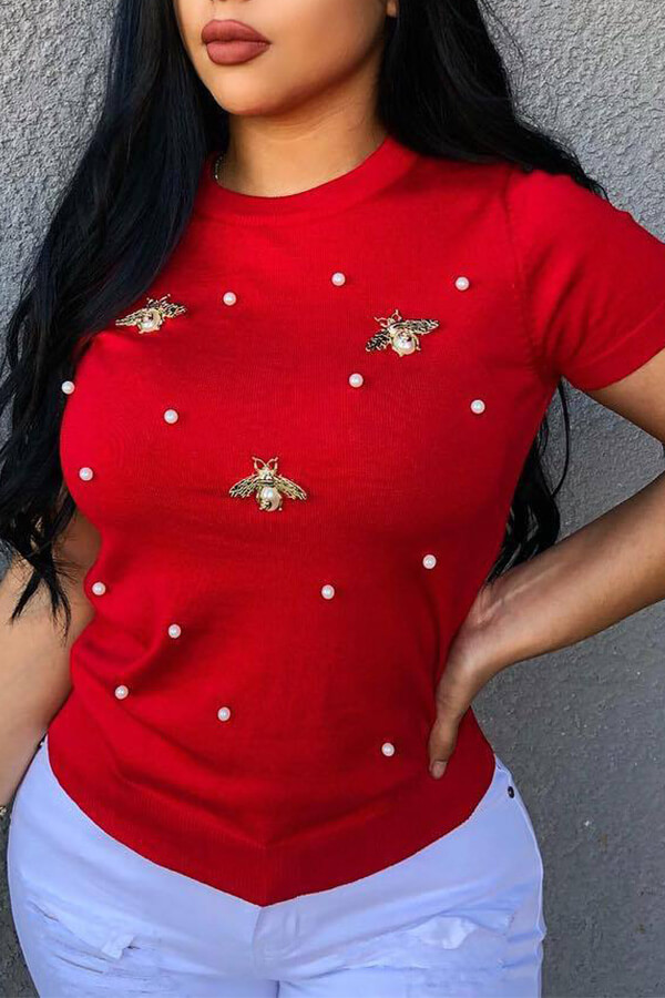 LW Leisure Pearls Decoration Red T-shirt