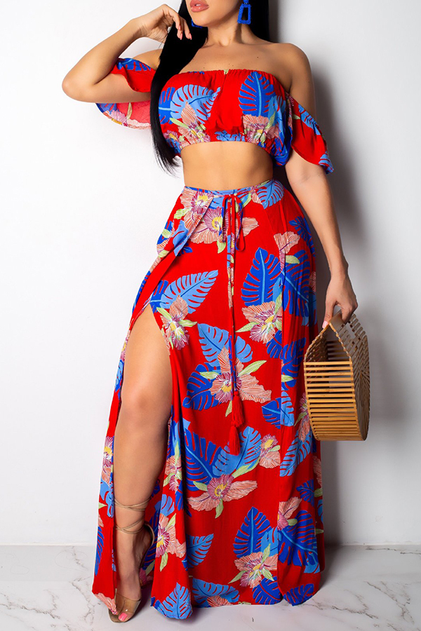 Lovely Trendy Floral Printed Side High Slit Red&nbsp;Two-piece Skirt Set