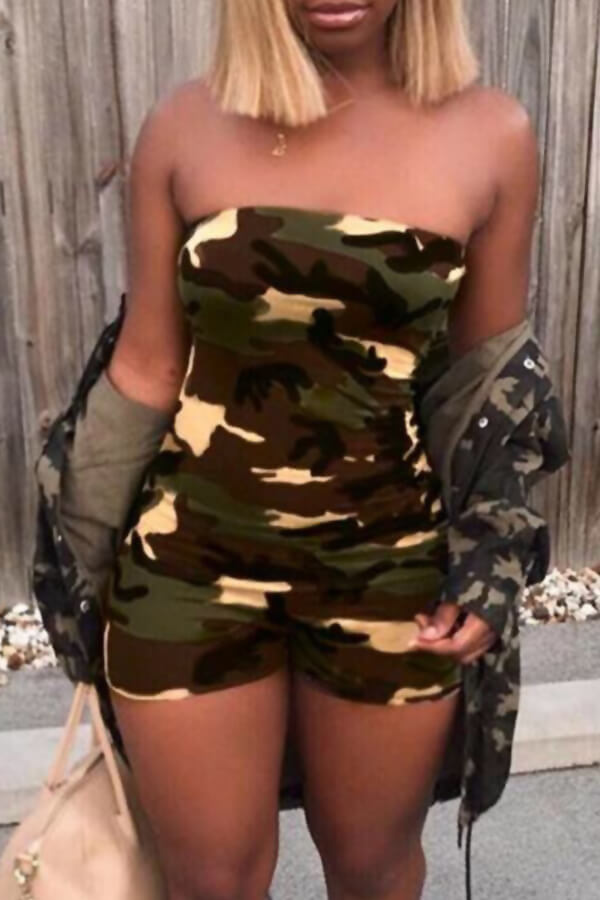 Lovely Casual One Shoulder Camouflage Printed One-piece Romper(With Elastic)