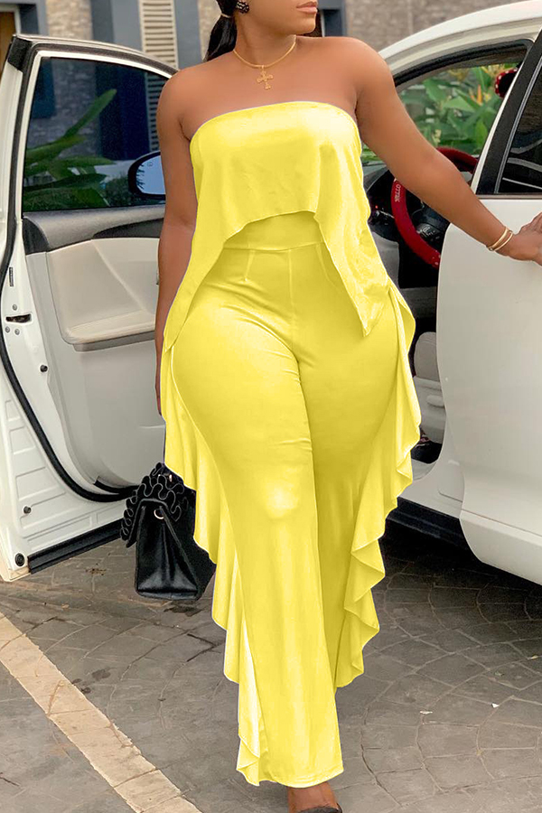 Lovely Casual Ruffle Design Yellow One-piece Jumpsuit
