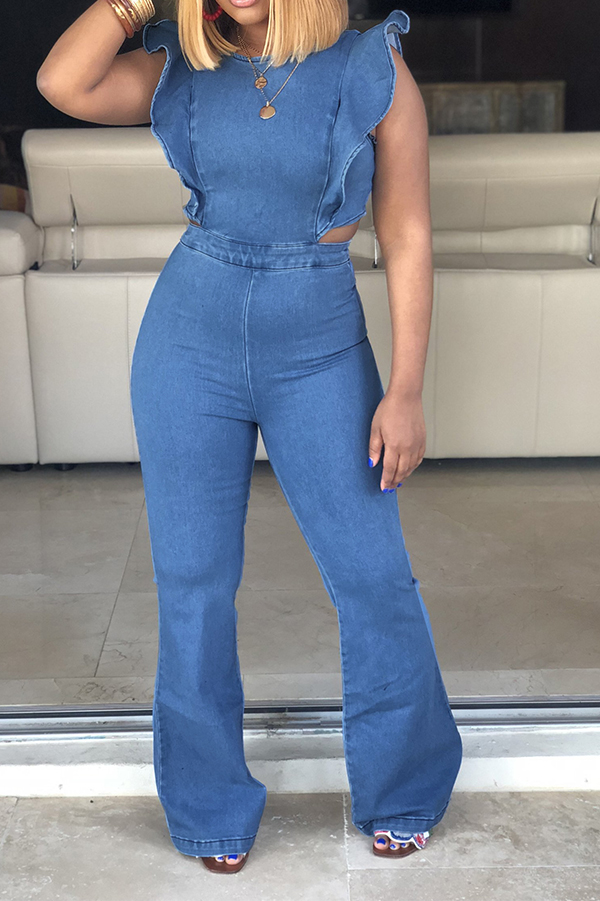 Lovely Trendy Ruffle Design Blue Denim One-piece Jumpsuit