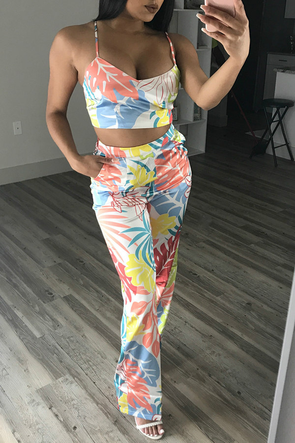 Lovely Women’s Spaghetti Strap Floral Printed Two-piece Pants Set