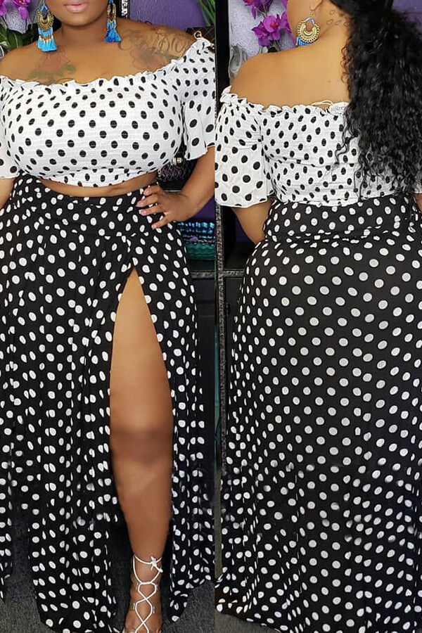 Lovely Stylish Dots Printed Black Two-piece Skirt Set