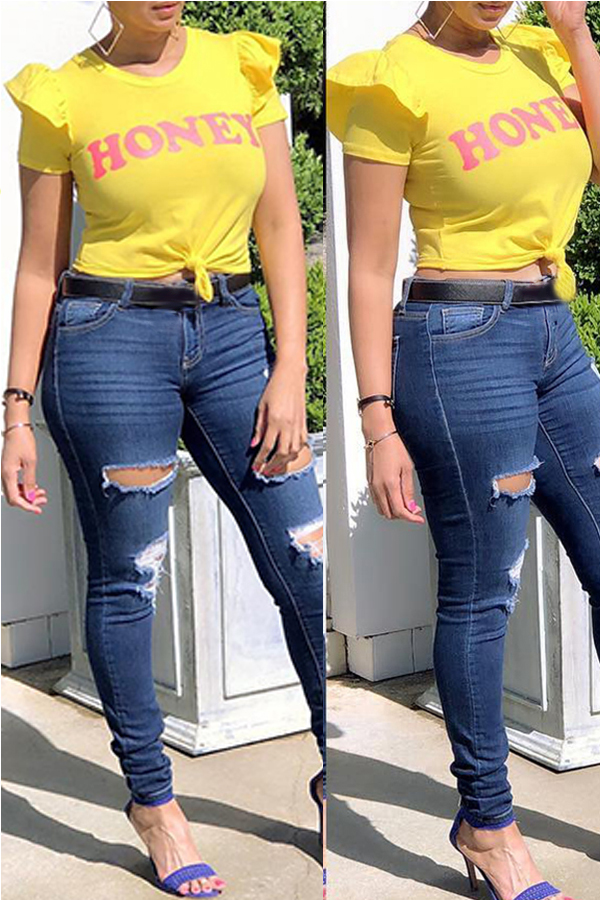 Lovely Casual Letter Printed Yellow T-shirt
