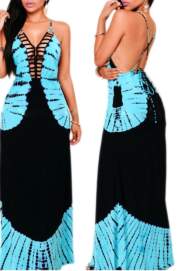 Lovely Chic Backless Blue Floor Length Dress