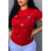 LW Leisure Pearls Decoration Red T-shirt