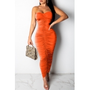 Lovely Sexy Ruffle Slim Orange Ankle Length Dress