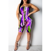 Lovely Sexy Dew Shoulder Printed Purple One-piece 