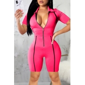 Lovely Casual Zipper Design Rose Red One-piece Rom