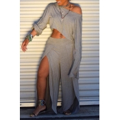 Lovely Trendy Side High Slit Grey Two Piece Pants 
