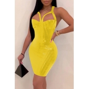 Lovely Sexy Hollowed-out Yellow PU Mini Dress
