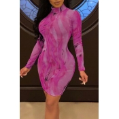 Lovely Stylish Printed Purple Mini Dress(With Elas