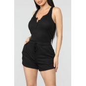 Lovely Casual Black One-piece Rompers(With Elastic