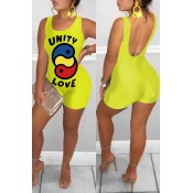 Lovely Casual Printed Backless Yellow One-piece Ro