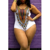 Lovely Plus-size Printed White One-piece Swimwear