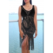 Lovely Black Tassel Design Lace Beach Dress