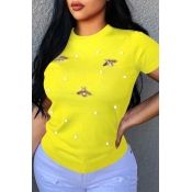 Lovely Leisure Pearls Decoration Yellow T-shirt