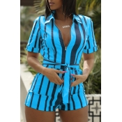 Lovely Casual Striped Blue One-piece Romper(With B