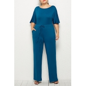 Lovely Casual Lace-up Blue One-piece Jumpsuit(With