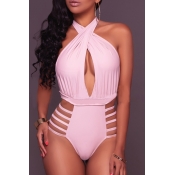 Lovely Halter Neck Pink One-piece Swimwear
