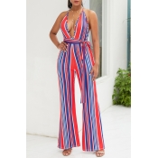 Lovely Sexy Halter Neck Striped Red One-piece Jump