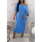 Lovely One Shoulder Light Blue Ankle Length Dress(