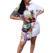 Lovely Casual Cartoon Printed White Knee Length Dr
