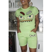 Lovely Leisure Cartoon Printed Green Two-piece Sho