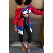 Lovely Casual Patchwork Zipper Design Red Two-piec