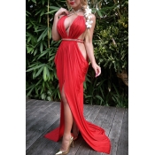 Lovely Sexy Halter Neck Backless Red Floor Length 