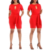 Lovely Casual Lace-up Hollow-out Red One-piece Rom