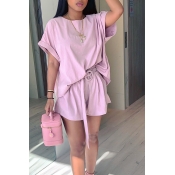 Lovely Casual Short Sleeve Pink Two-piece Shorts