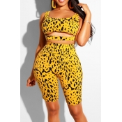 Lovely Casual Printed Hollow-out Yellow Two-piece 