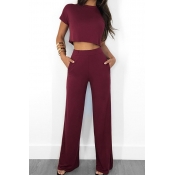 Lovely Trendy O Neck Wine Red Two-piece Pants Set