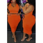 LW Casual O Neck Sleeveless Orange Two-piece Skirt