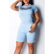 Lovely Leisure Printed Baby Blue Two-piece Shorts 