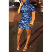 Lovely Casual Hooded Collar Printed Blue Dress