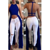 Lovely Sexy Backless Asymmetrical Blue Blouse