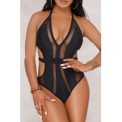 Lovely V Neck Hollow-out Black One-piece Swimwear