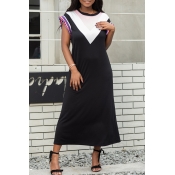 Lovely Leisure O Neck Patchwork Black Mid Calf Dre