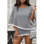 Lovely Casual Half Sleeve Patchwork Grey Blouse