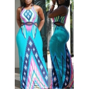 Lovely Bohemian Printed Blue Floor Length Dress