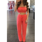 Lovely Casual Off The Shoulder Red Two-piece Pants