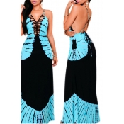 Lovely Chic Backless Blue Floor Length Dress