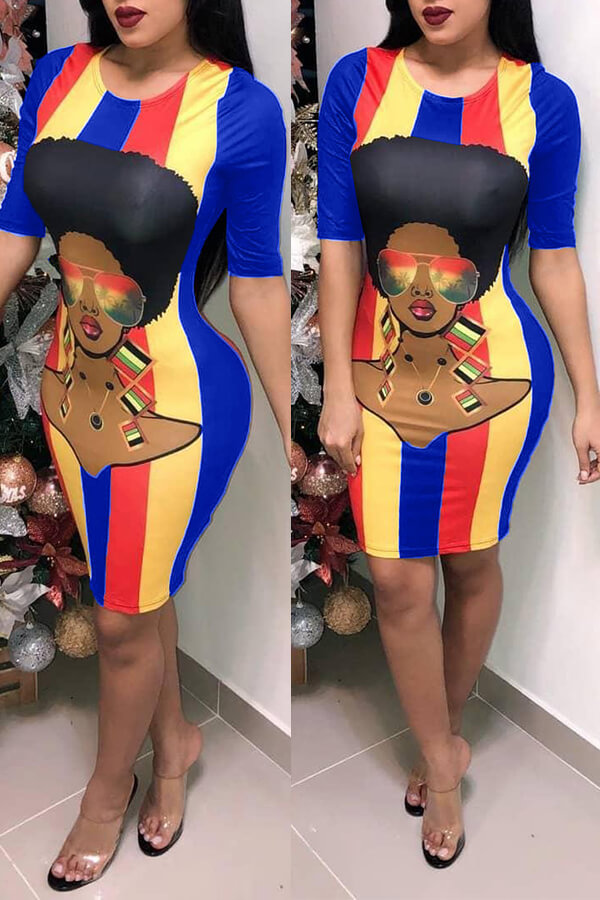 Lovely Casual Printed Royal Blue Knee Length Dress