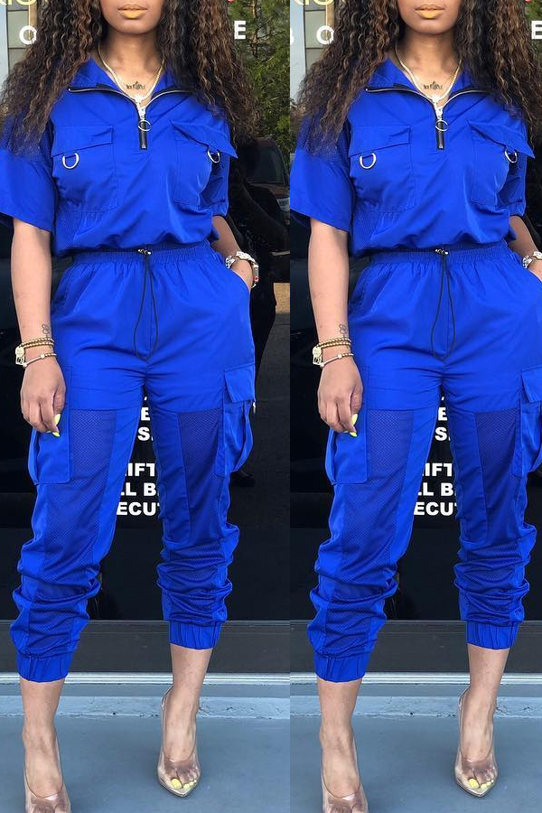 Lovely Stylish V Neck Zipper Design Blue Two-piece Pants Set