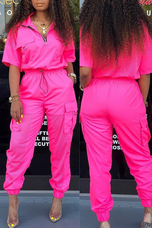 Lovely Stylish V Neck Zipper Design Rose Red Two-piece Pants Set