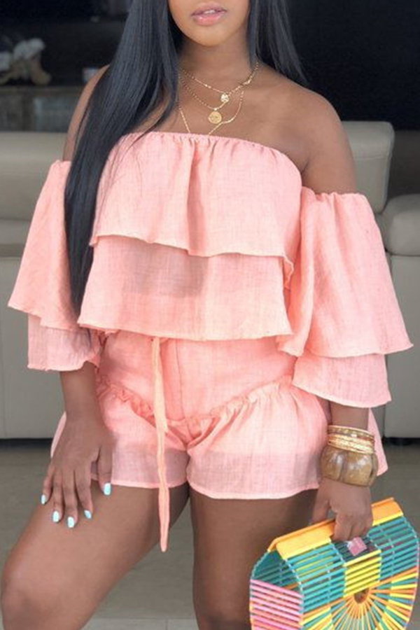 Lovely Sweet Off The Shoulder Ruffle Design Pink Two-piece Shorts Set