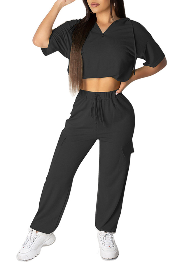 Lovely Casual Hooded Collar Black Two-piece Pants Set