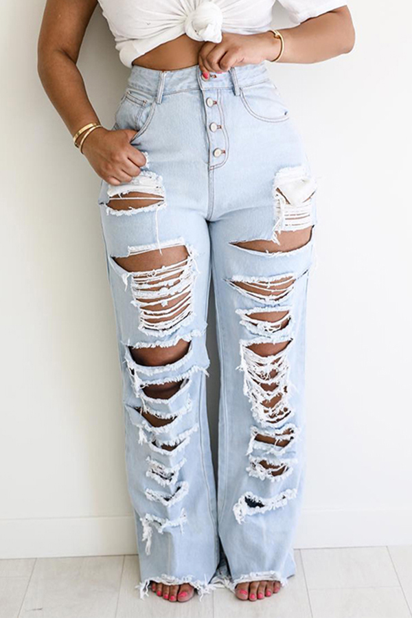 Lovely Trendy Broken Holes Baby Blue Jeans